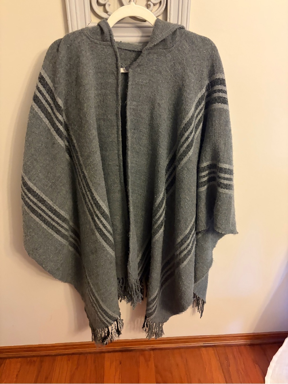 Zara Hooded Gray Striped Poncho with Fringe